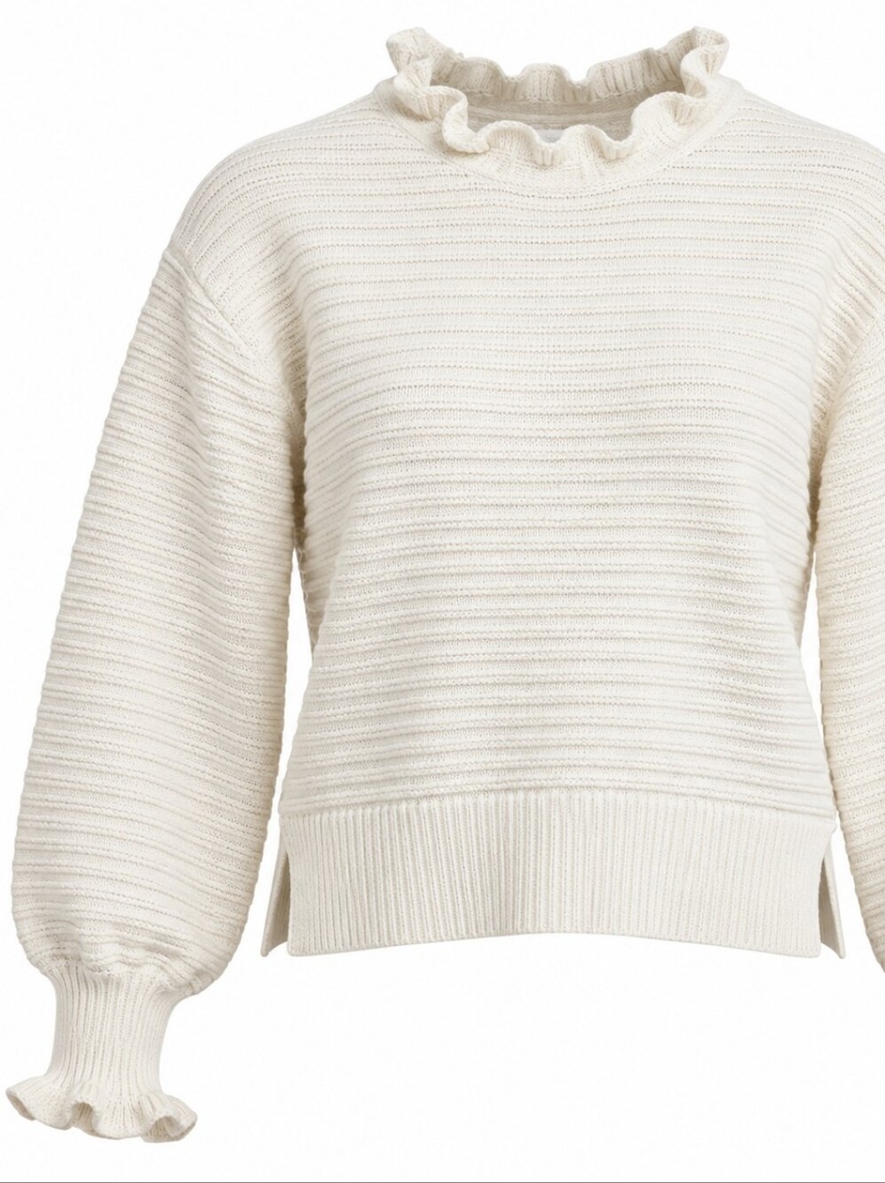 MADEWELL | Feminine Ruffle Neck Cotton Merino Wool Cropped Sweater Ivory | L